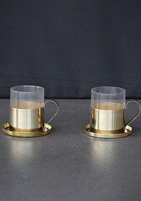 Gold Brass Cup Saucer Set Of 6