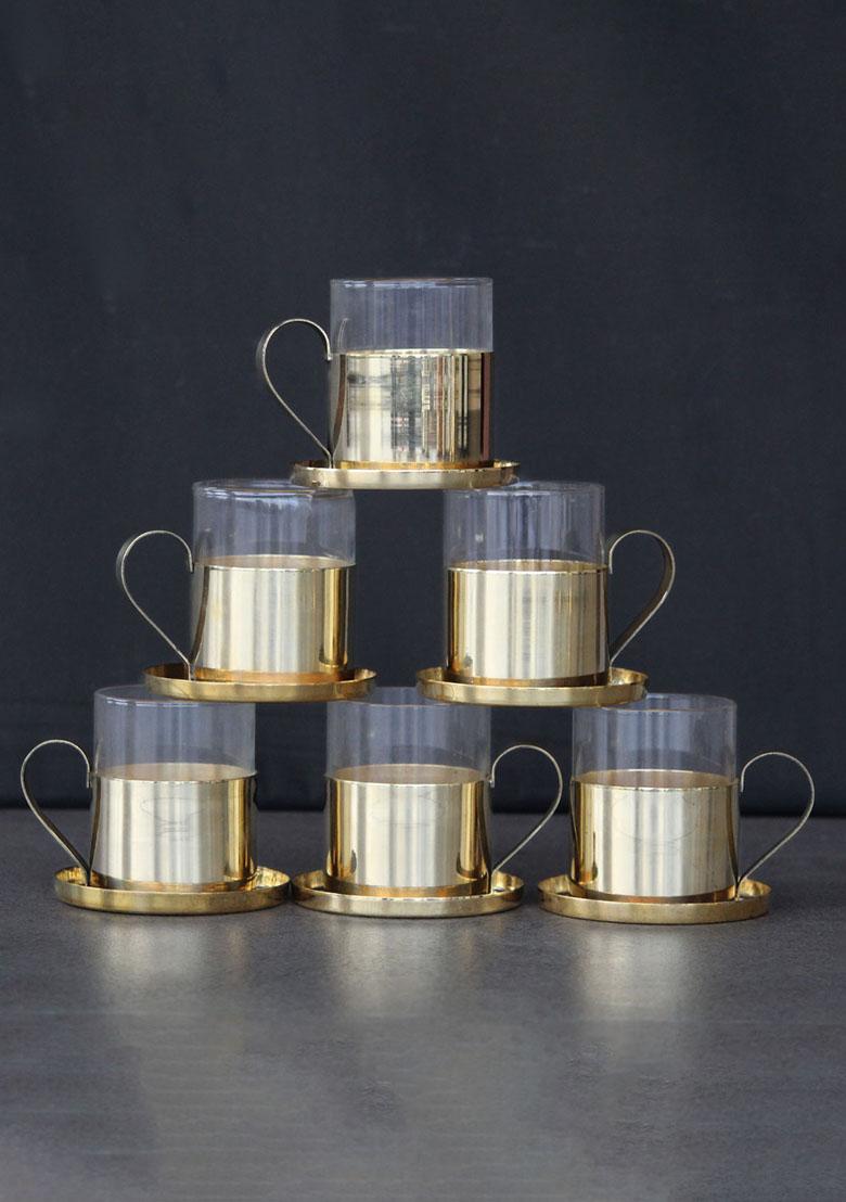 Gold Brass Cup Saucer Set Of 6