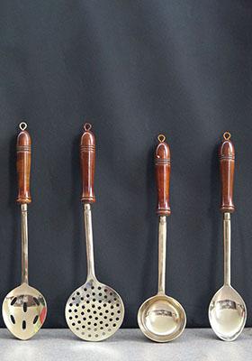 Gold Set Of 4 Brass Ladles With Wooden Handles
