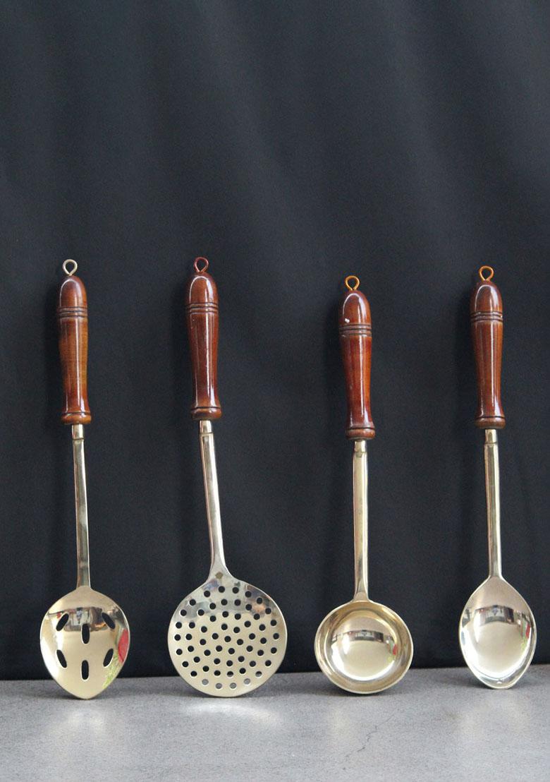 Gold Set Of 4 Brass Ladles With Wooden Handles