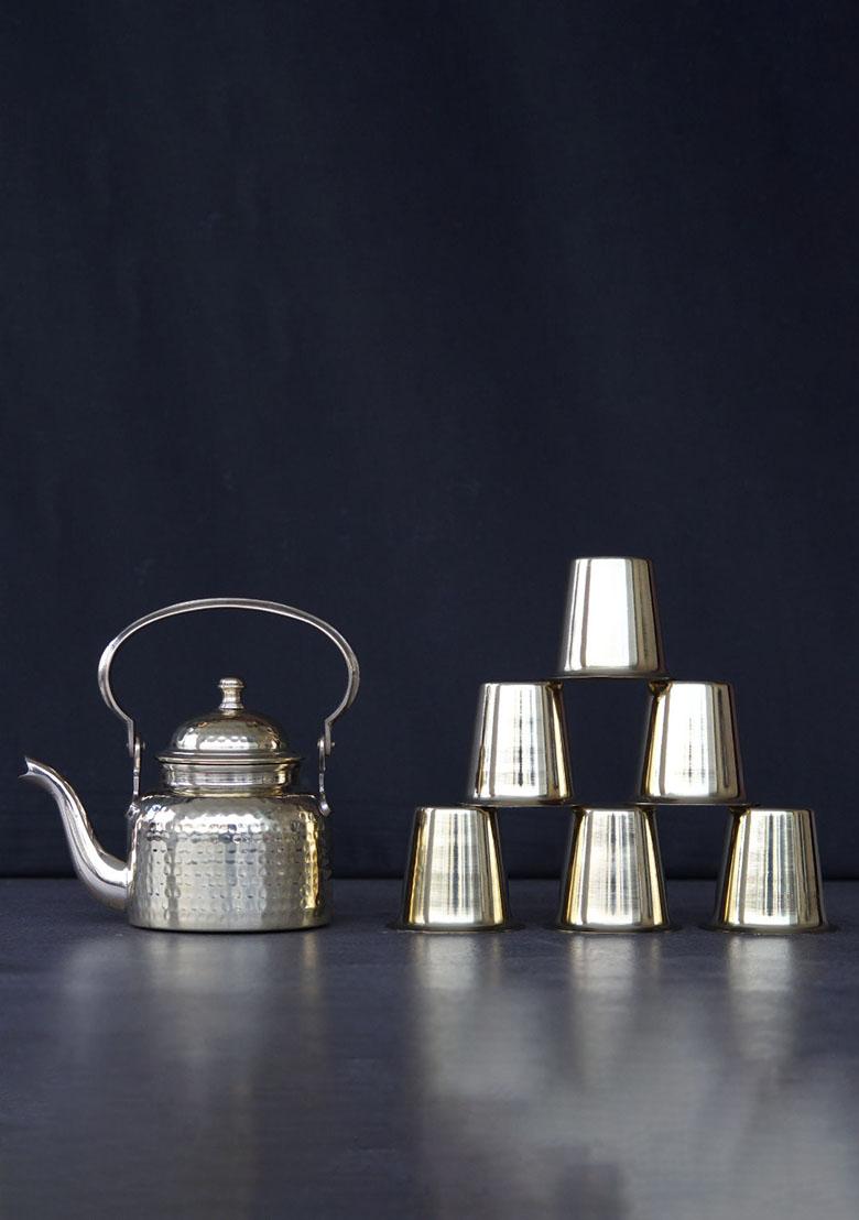 Gold Brass Teapot Set With Glasses