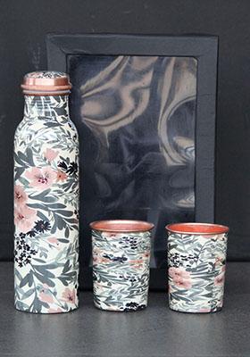 Copper Flower Printed Copper Bottle Set With Gift Box