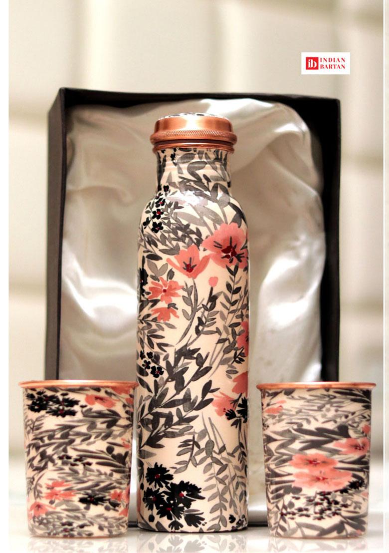 Copper Flower Printed Copper Bottle Set With Gift Box