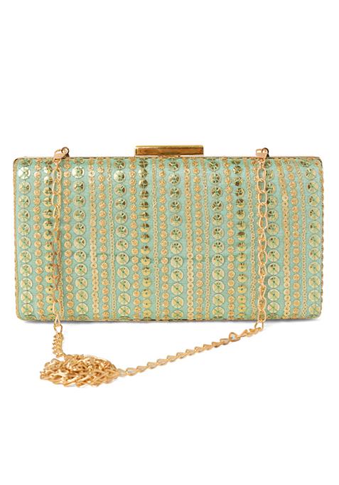 Pista Green Sequin Embroidered Clutch 
