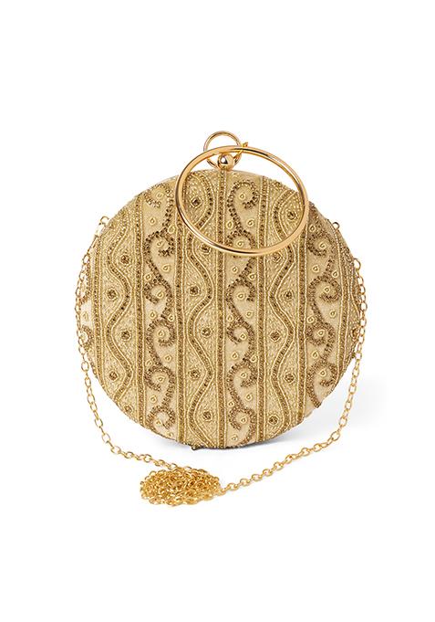 Beige And Gold Stone Embellished Clutch 