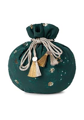 Dark Green Floral Sequin Embroidered Potli