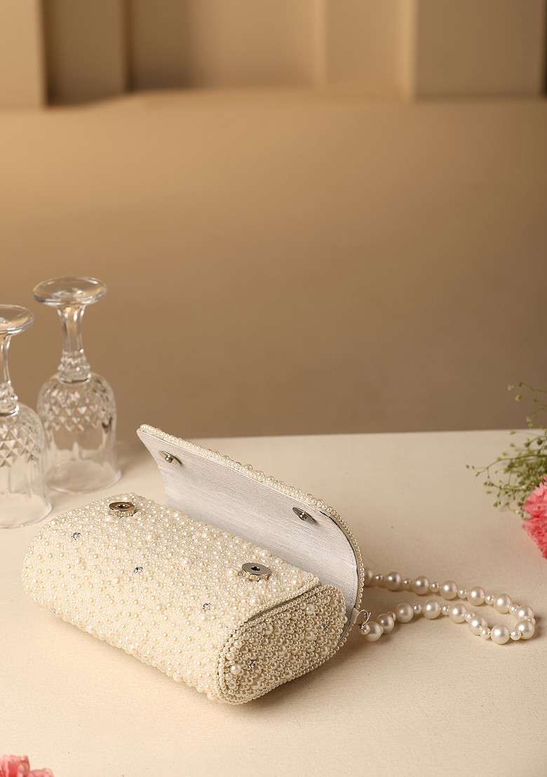White Pearl Embroidered Hand Bag - Indya
