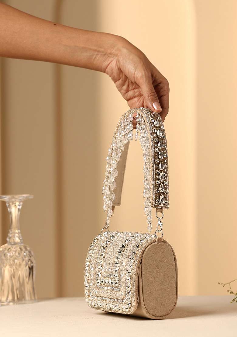 Beige Crystal And Pearl Embellished Nano Bag - Indya