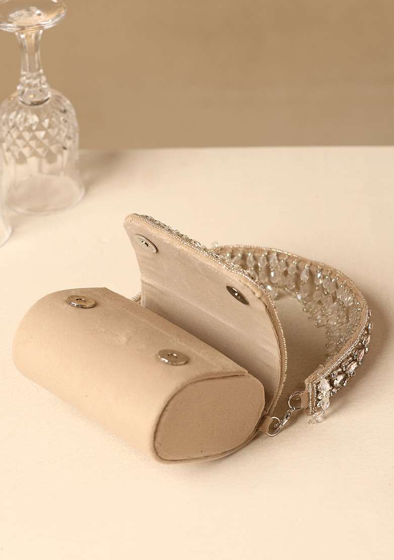 Beige Crystal And Pearl Embellished Nano Bag - Indya