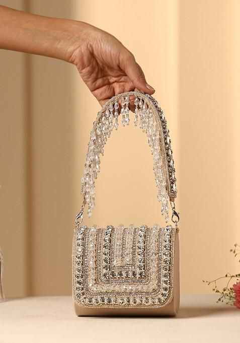 Beige Crystal And Pearl Embellished Nano Bag
