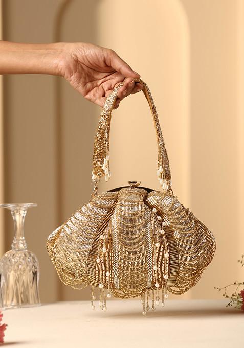 Gold Bead And Pearl Work Clutch Bag