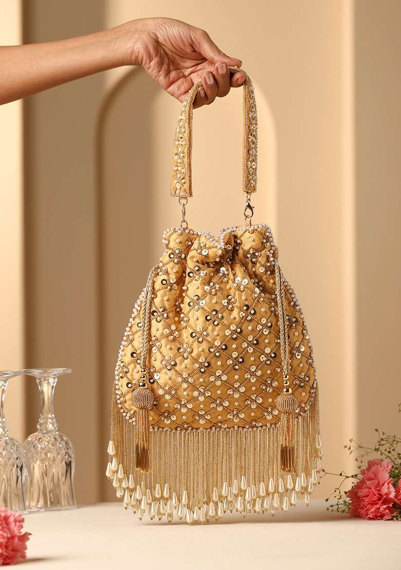 Yellow Sequin And Pearl Embellished Potli Bag - Indya