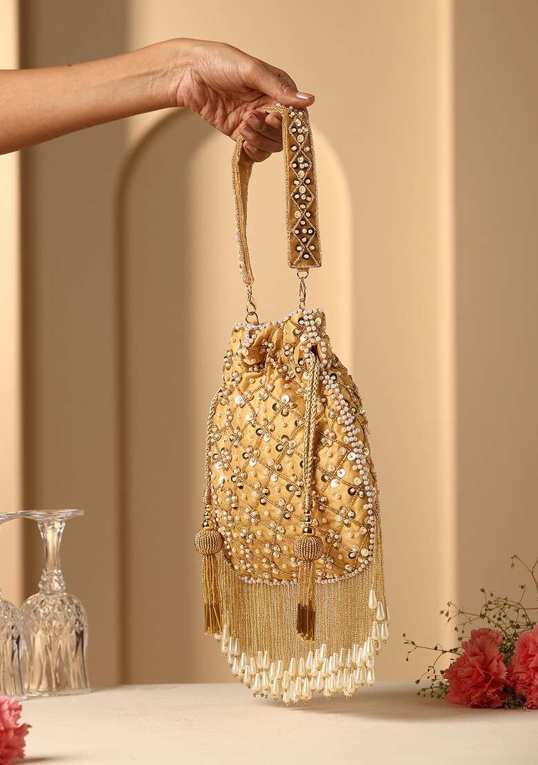 Yellow Sequin And Pearl Embellished Potli Bag - Indya
