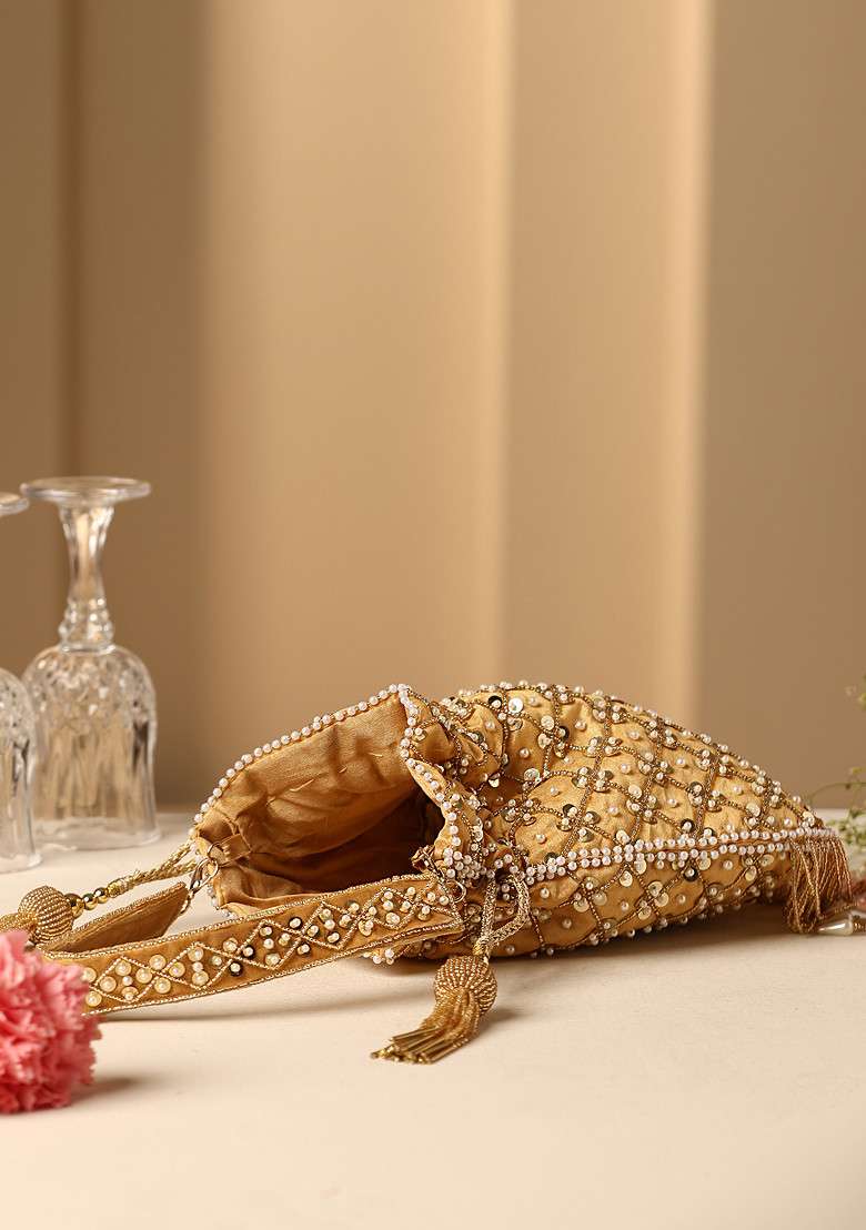 Yellow Sequin And Pearl Embellished Potli Bag - Indya