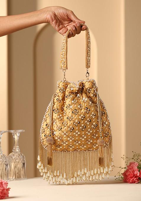 Yellow Sequin And Pearl Embellished Potli Bag