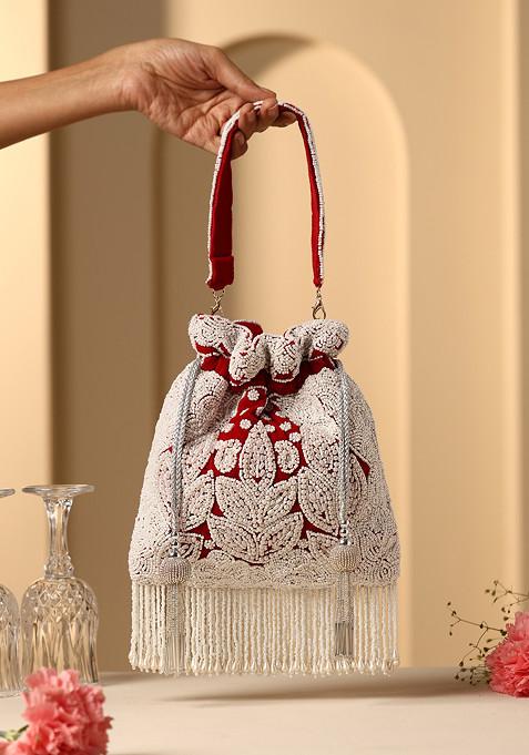 Red Pearl Embroidered Potli Bag