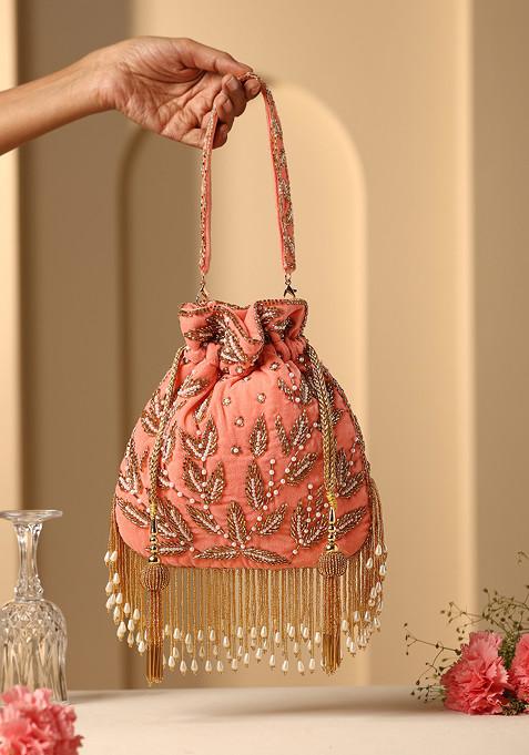 Peach Sequin And Pearl Embroidered Potli Bag