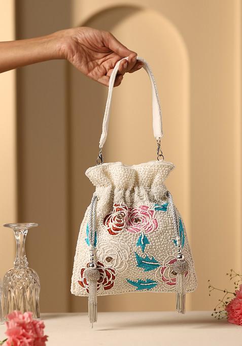 White Multicolour Pearl Embroidered Potli Bag