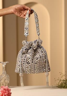 Grey Mirror Work Potli Bag