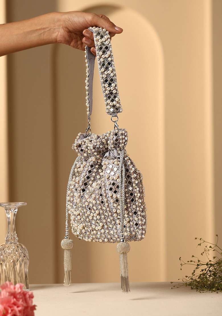 Grey Mirror Work Potli Bag - Indya