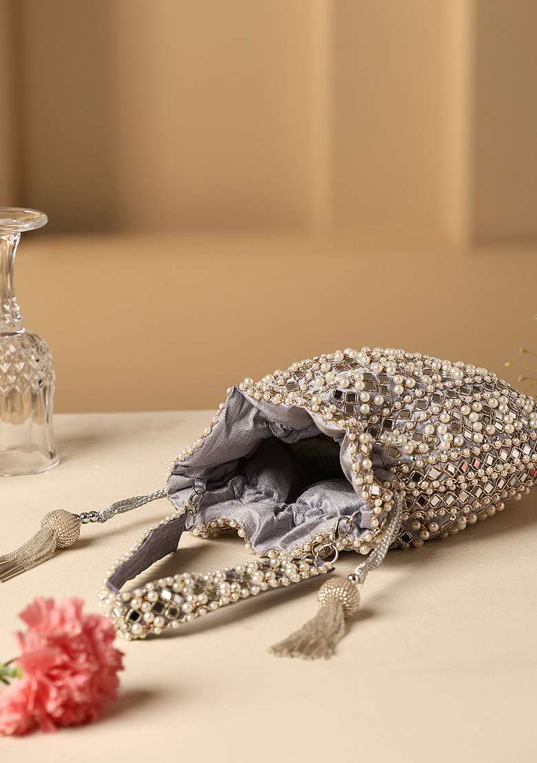 Grey Mirror Work Potli Bag - Indya