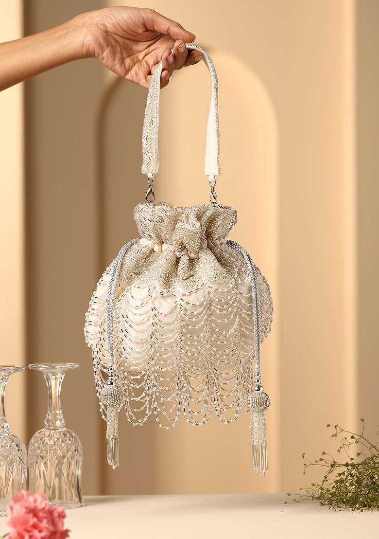 White Bead Work Potli Bag - Indya