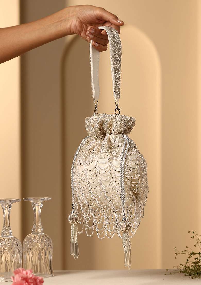 White Bead Work Potli Bag - Indya