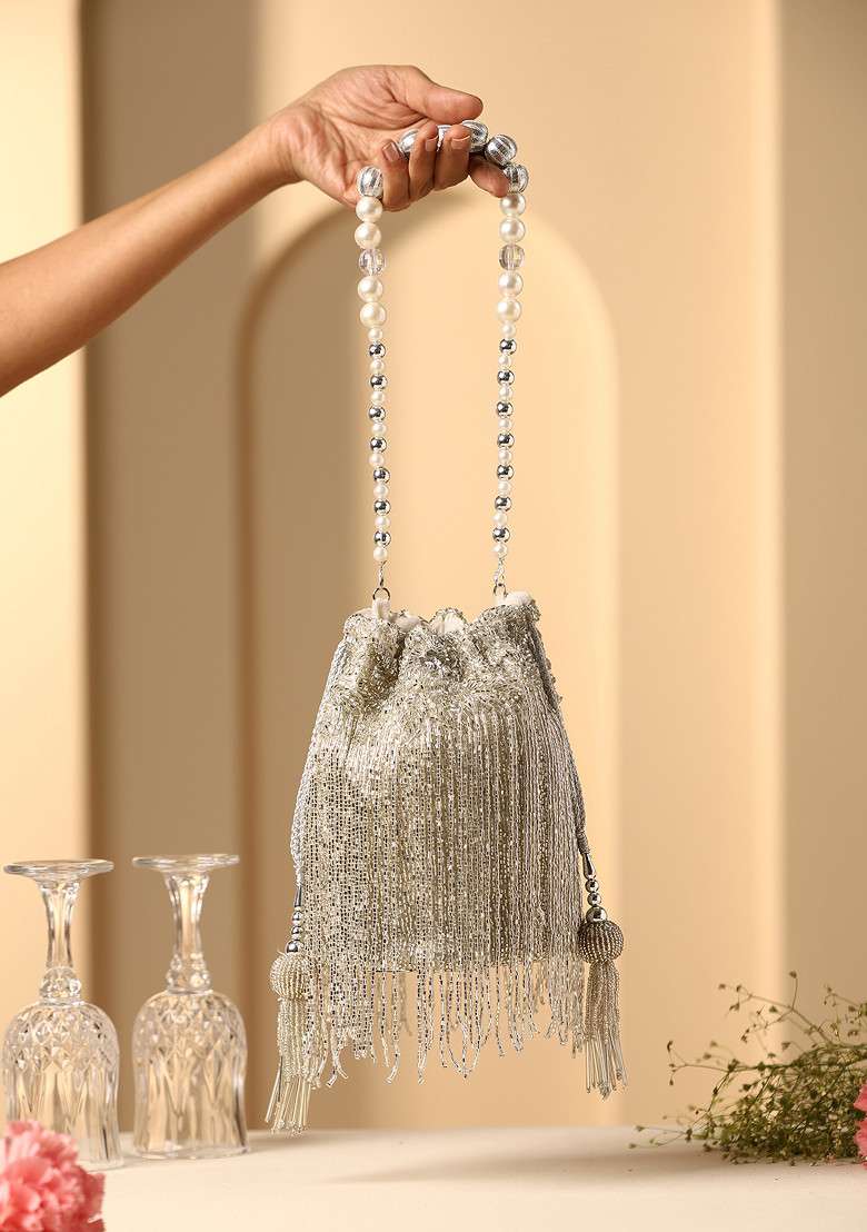 Grey Bead Work Potli Bag - Indya