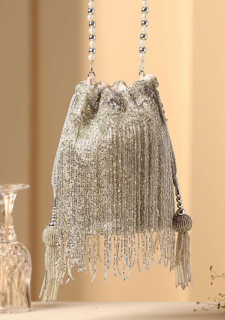 Grey Bead Work Potli Bag - Indya