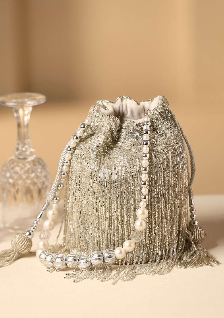 Grey Bead Work Potli Bag - Indya