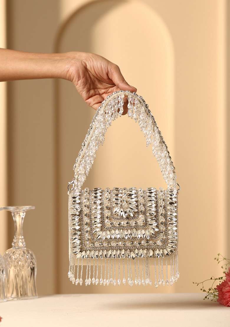 Beige Crystal And Pearl Embellished Hand Bag - Indya