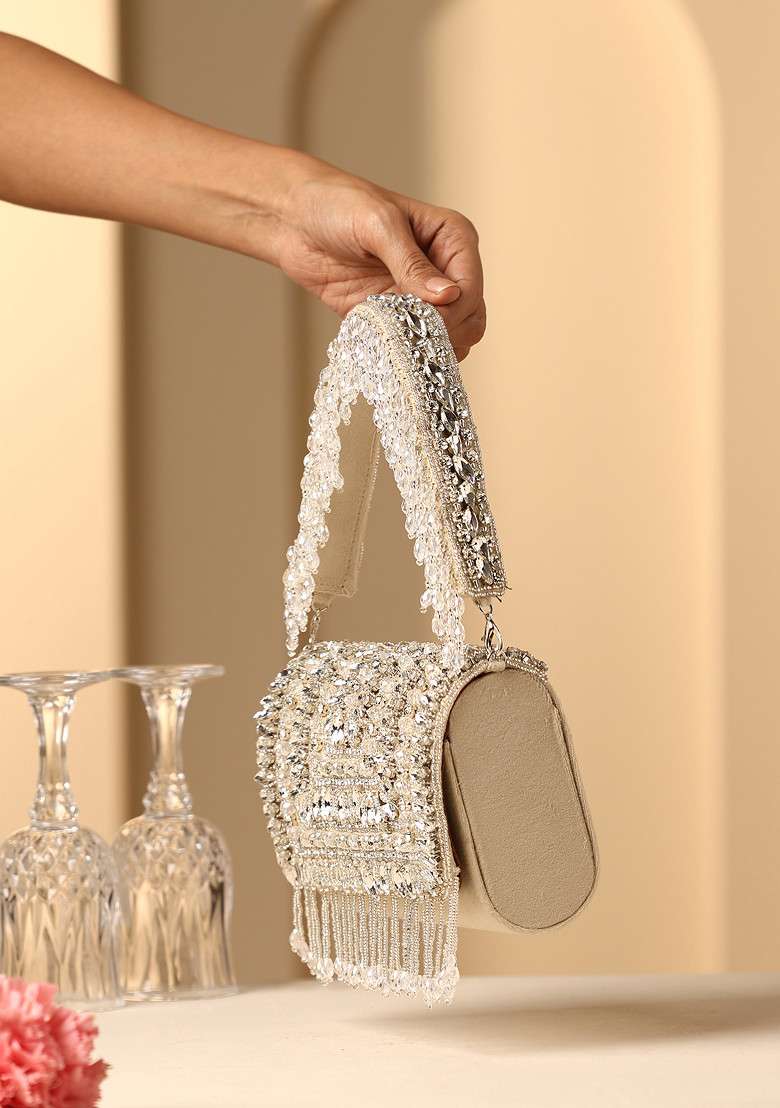Beige Crystal And Pearl Embellished Hand Bag - Indya