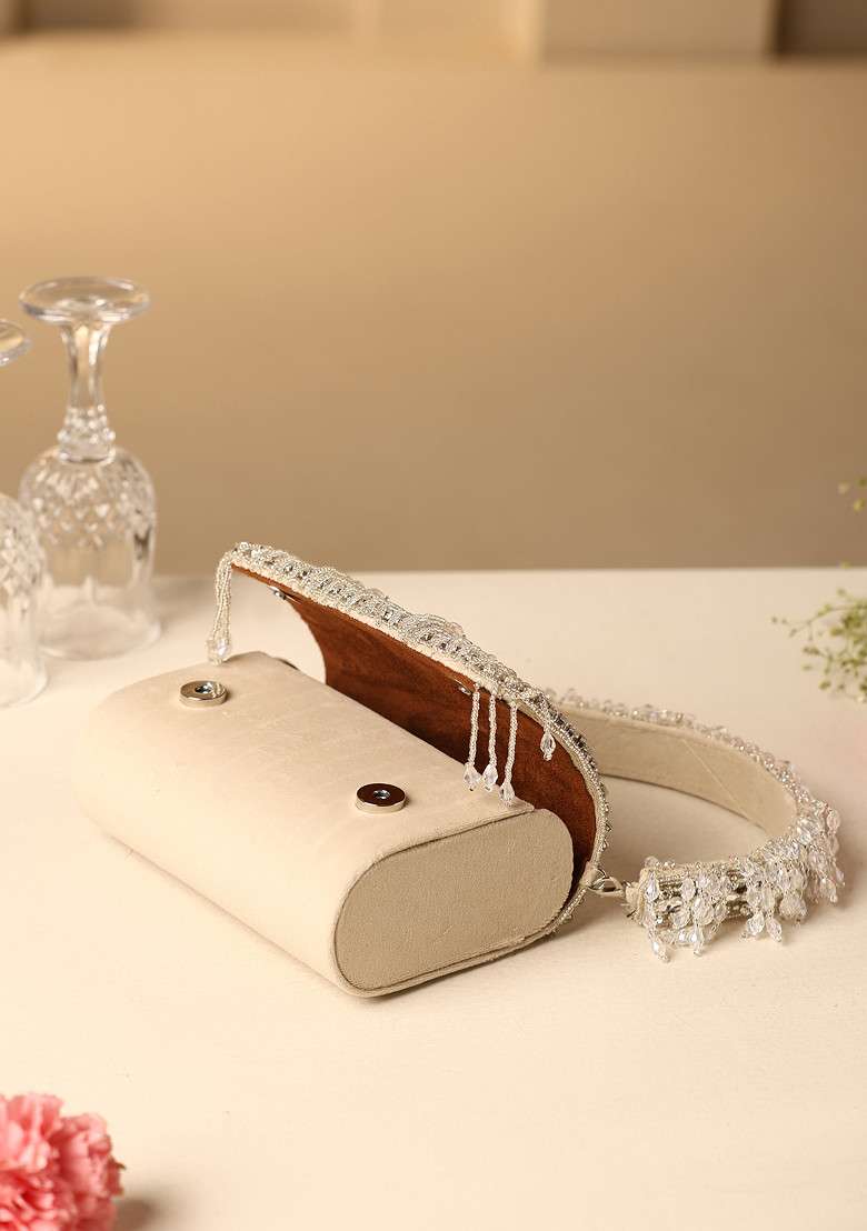 Beige Crystal And Pearl Embellished Hand Bag - Indya