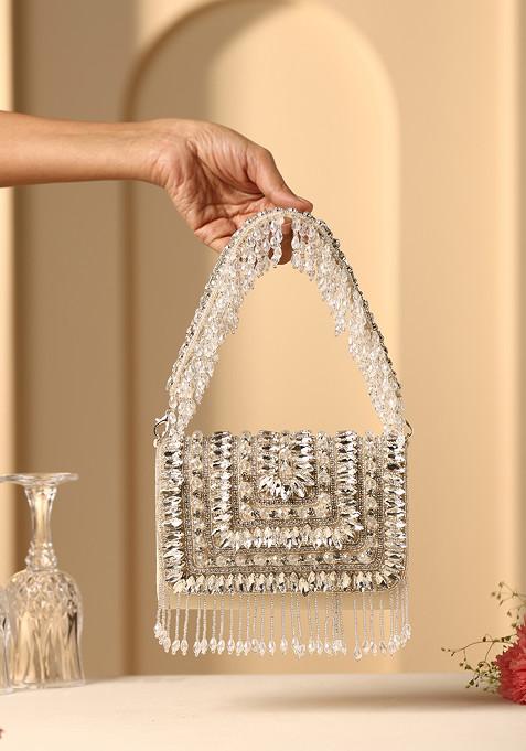 Beige Crystal And Pearl Embellished Hand Bag