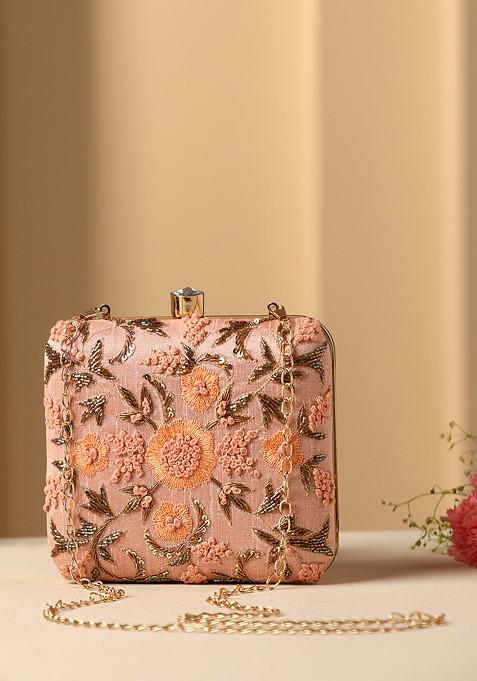 Peach Floral Embroidered Clutch Bag