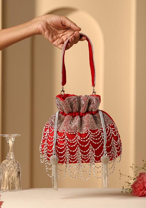 Red Bead Work Potli Bag