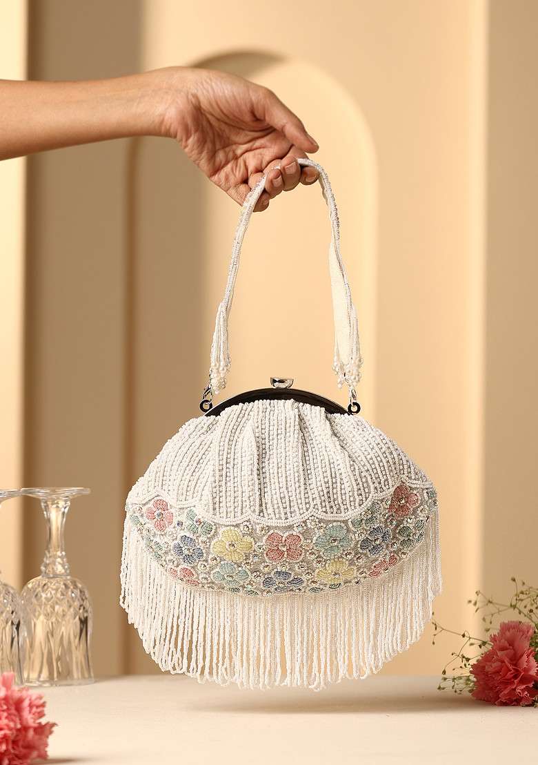 Ivory Multicolour Pearl Embroidered Clutch Bag - Indya