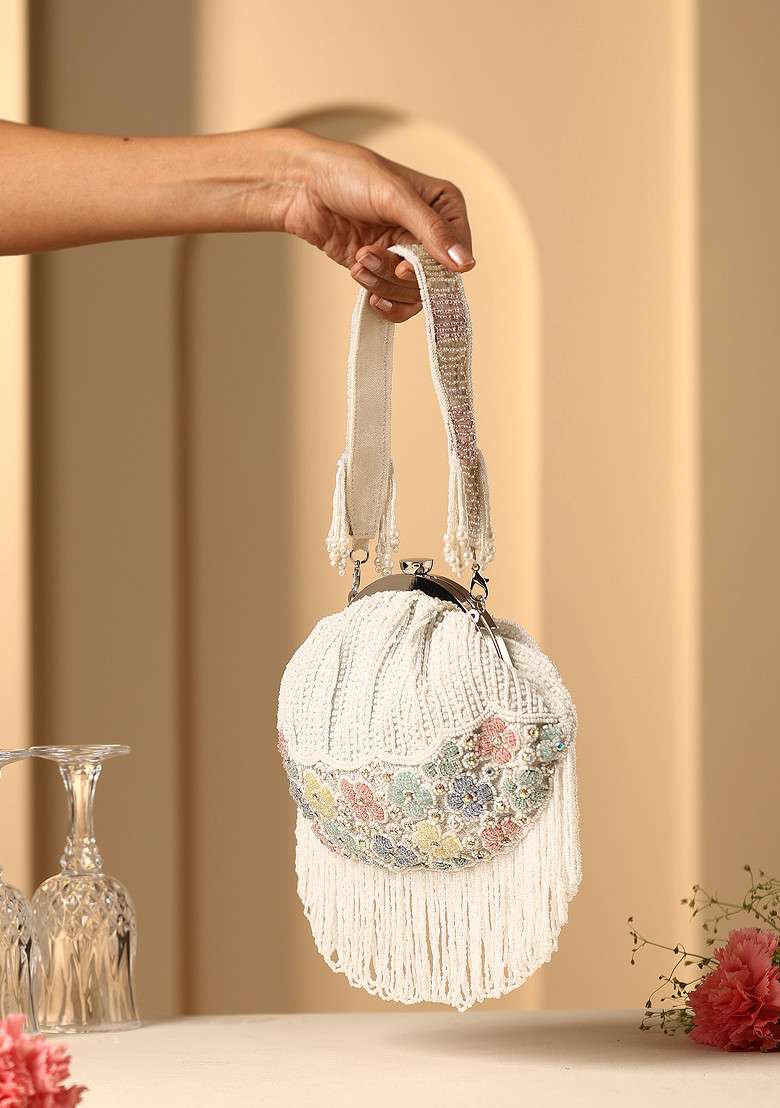 Ivory Multicolour Pearl Embroidered Clutch Bag - Indya