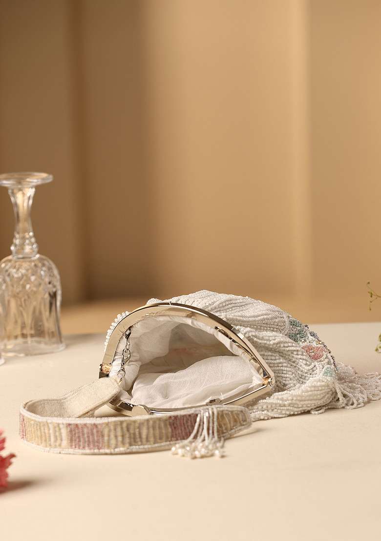 Ivory Multicolour Pearl Embroidered Clutch Bag - Indya