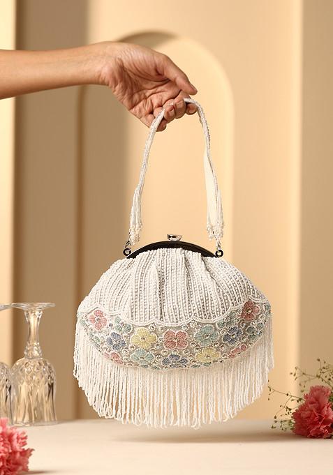 Ivory Multicolour Pearl Embroidered Clutch Bag