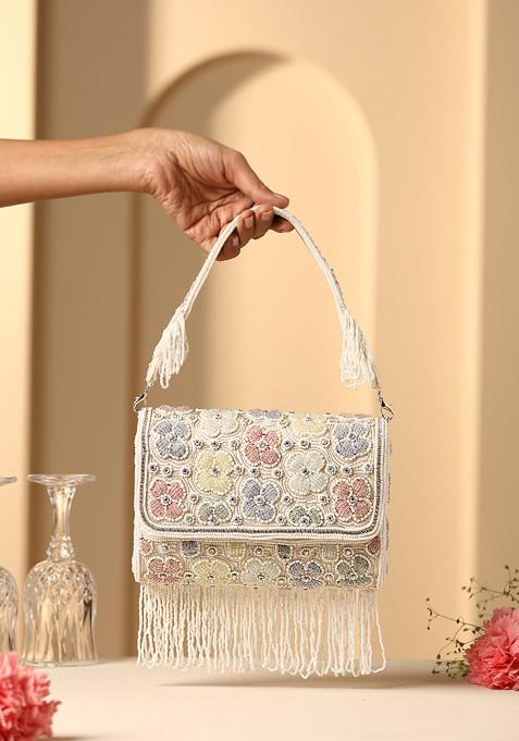 Multicolour Pearl Floral Embroidered Hand Bag
