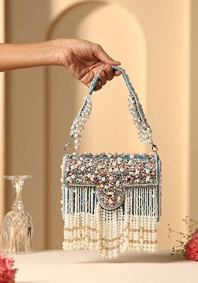 Teal Blue Crystal And Pearl Embellished Hand Bag