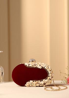 Maroon Pearl Embellished Velvet Clutch Bag