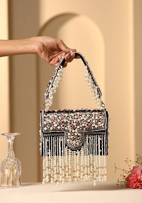 Black Crystal And Pearl Embellished Hand Bag