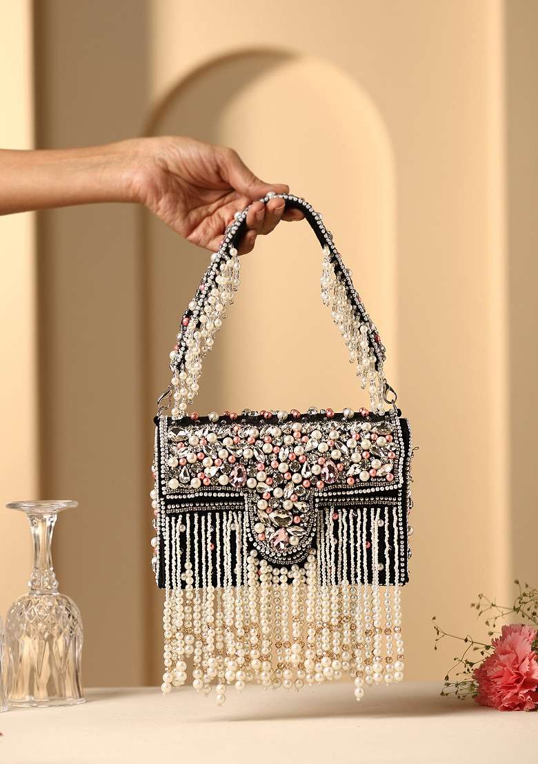 Black Crystal And Pearl Embellished Hand Bag - Indya