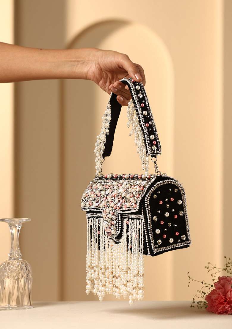 Black Crystal And Pearl Embellished Hand Bag - Indya