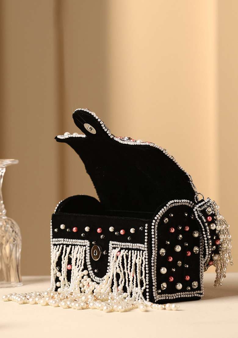 Black Crystal And Pearl Embellished Hand Bag - Indya