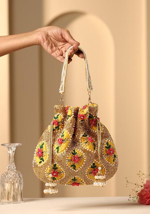 Yellow Floral Embroidered Potli Bag