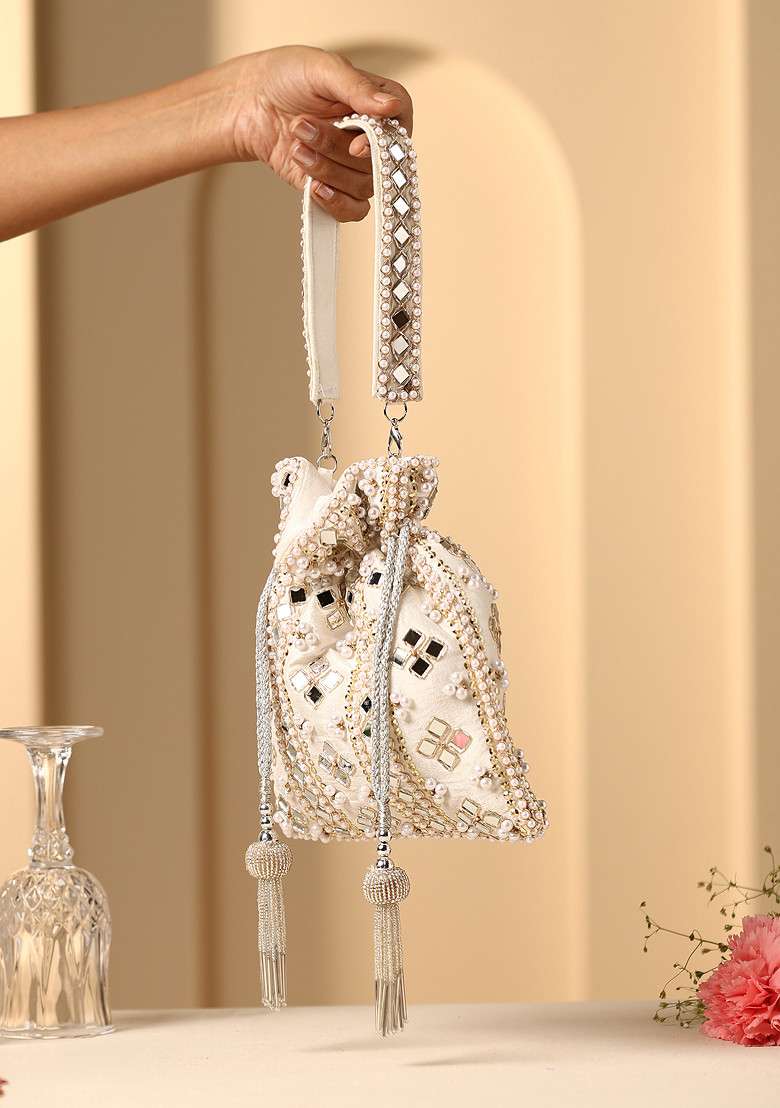 White Mirror Work Potli Bag - Indya