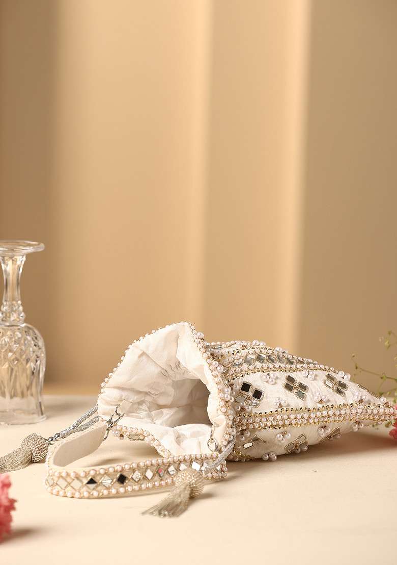 White Mirror Work Potli Bag - Indya